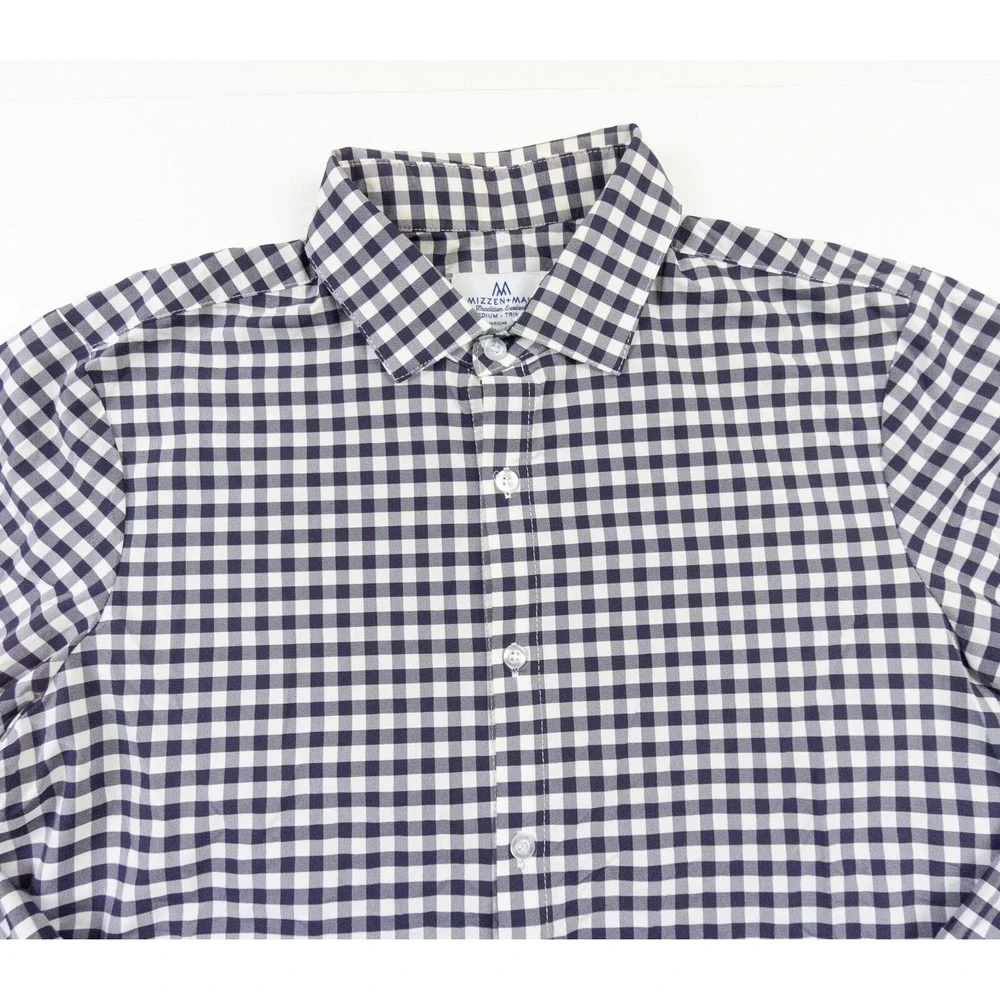 Mizzen Main Shirt Mens Medium Blue Button Down Collared Trim Fit Stretch Check